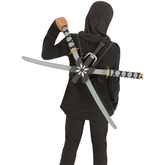 Ninja Assassin Back Pack Kids Plastic with 2 Swords 72cm 2 Daggers and Throwing Star 1