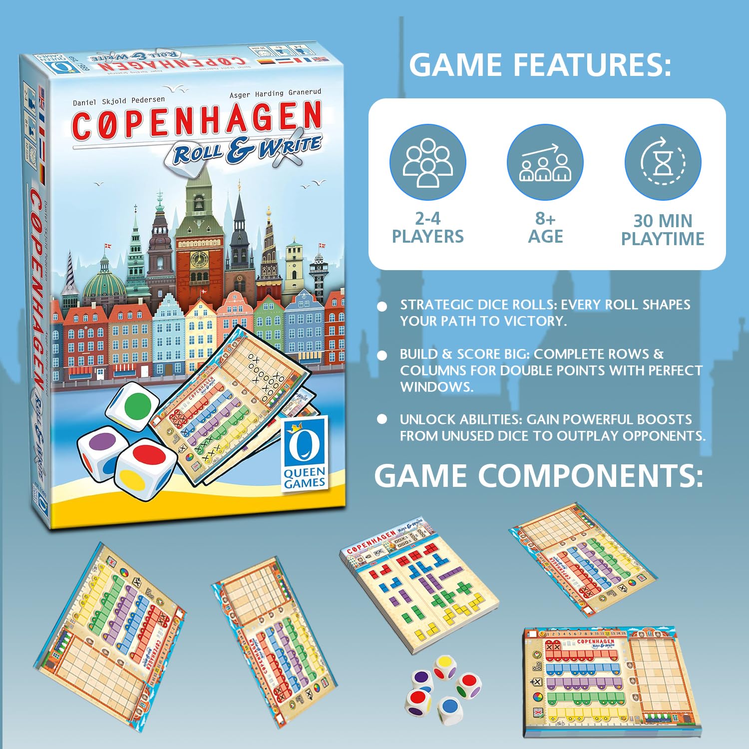 Queen Games Copenhagen Roll and Write Strategy Dice Game 2-4 Players, Family, Adults, Teens, Kids Ages 8+, 30 Minute Gameplay 2