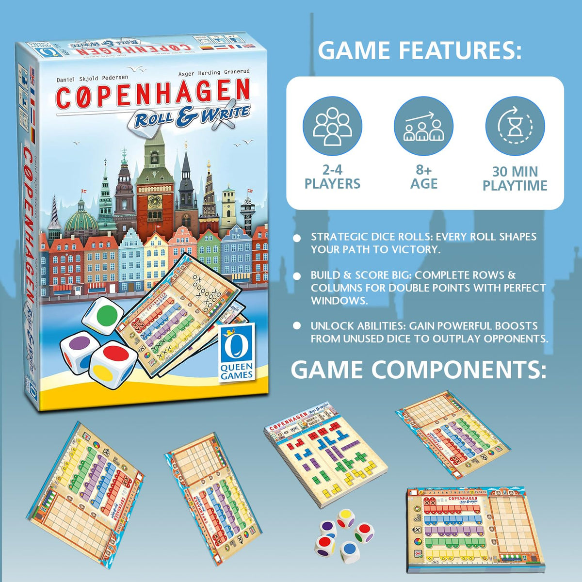 Queen Games Copenhagen Roll and Write Strategy Dice Game 2-4 Players, Family, Adults, Teens, Kids Ages 8+, 30 Minute Gameplay 2