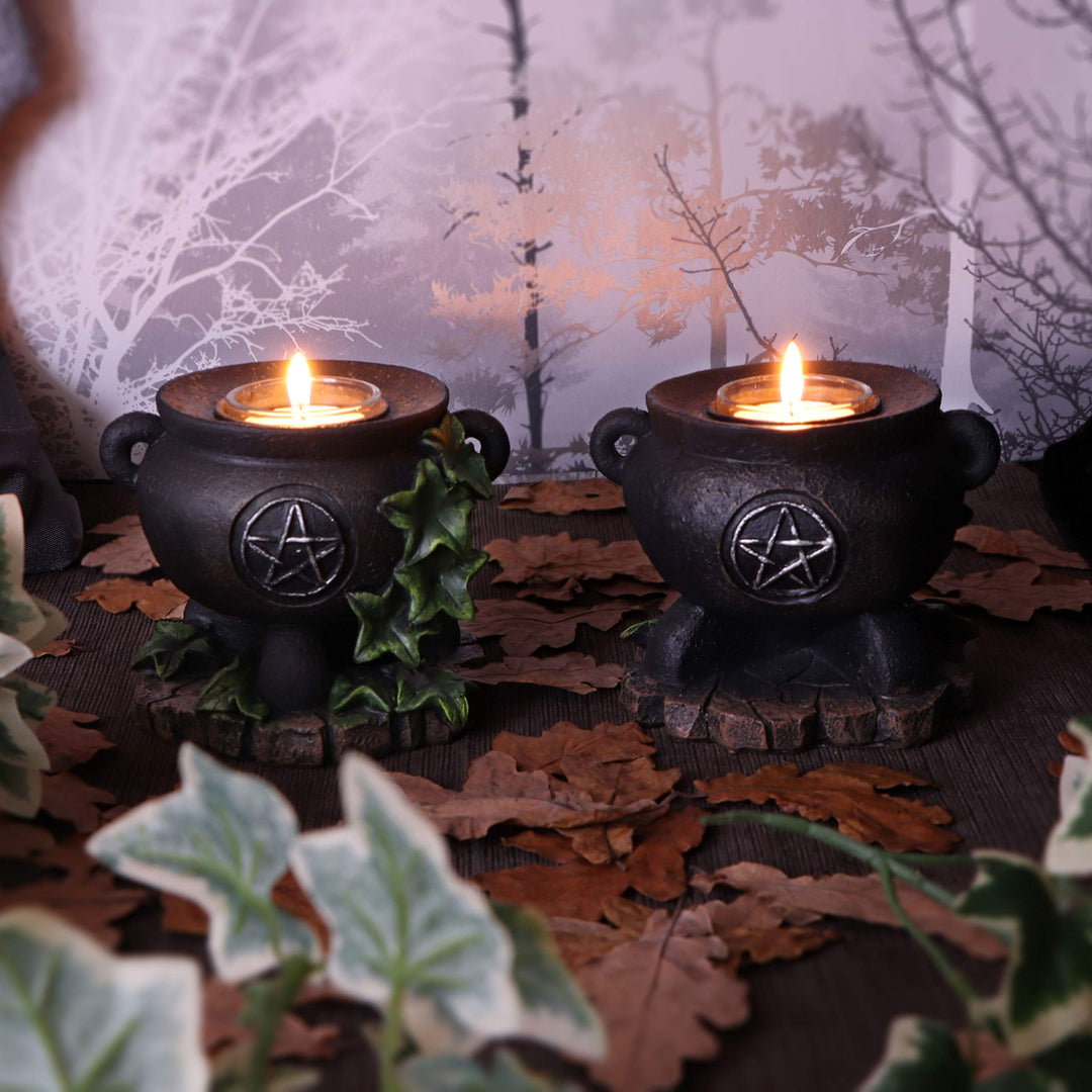 Set of Two Ivy Cauldron Witches Candle Holders 11cm Holder
