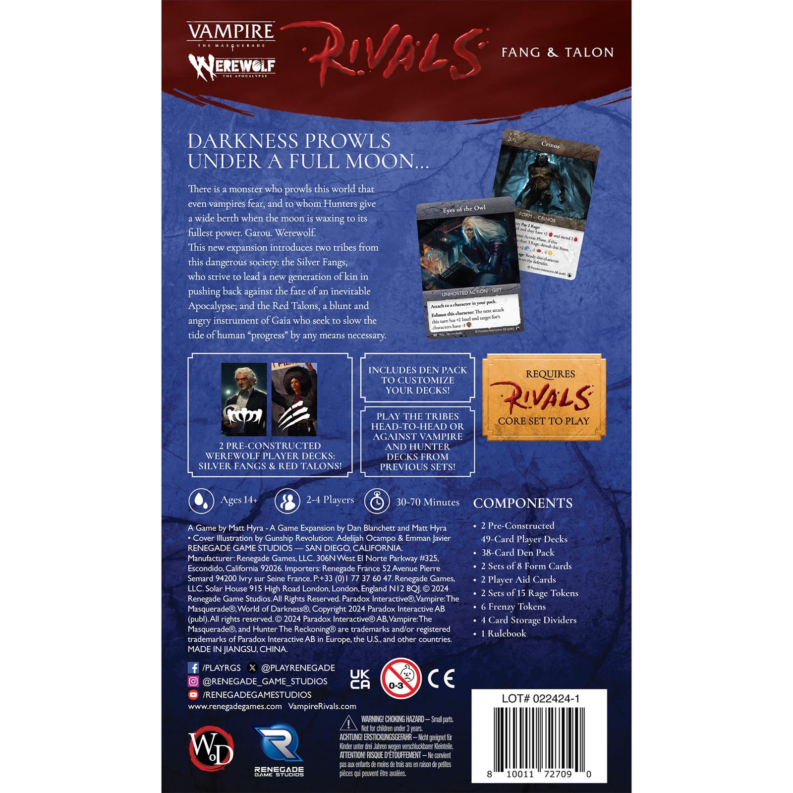 Vampire The Masquerade Rivals Expandable Card Game Werewolf Fang and Talon Board Game by Renegade Studio 2