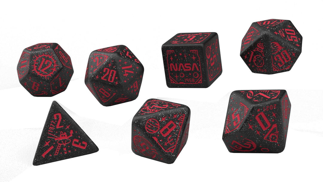 Q-Workshop Space Dice Set Voyager RPG Dice – Shimmering Black with Red Engravings – Ideal for Tabletop Games & RPGs – 7 Polyhedral Dice – (D4, D6, D8, 2D10, D12, D20)