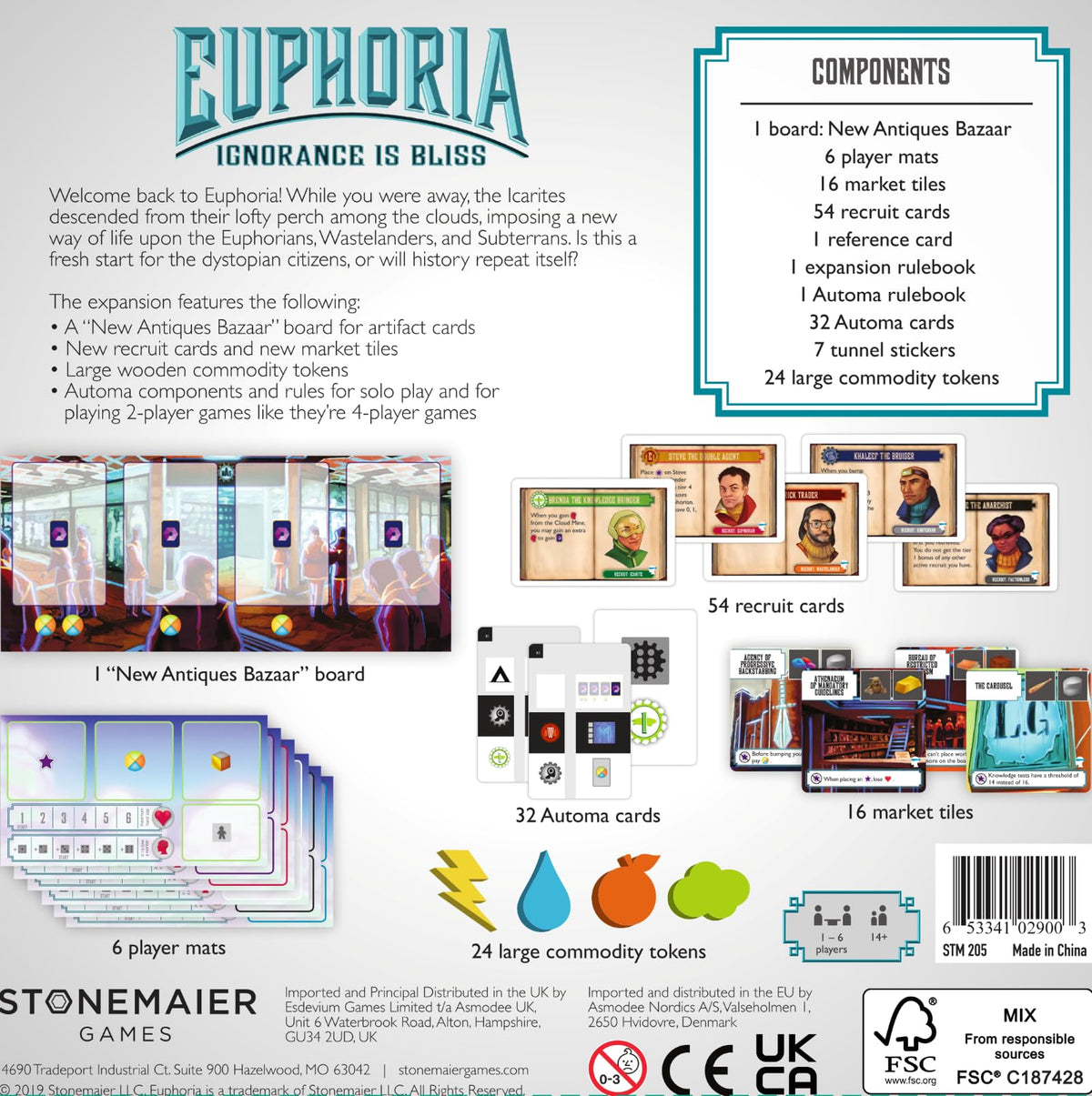 Stonemaier Games: Euphoria: Ignorance is Bliss Expansion | Add to Euphoria: Build a Better Dystopia (Base Game) | New Solo Mode, New Antiques Bazaar & Other Components | 1-6 Players, 60 Mins, Ages 14+ 3
