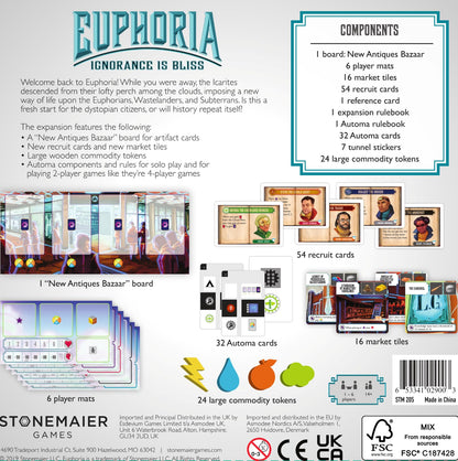 Stonemaier Games: Euphoria: Ignorance is Bliss Expansion | Add to Euphoria: Build a Better Dystopia (Base Game) | New Solo Mode, New Antiques Bazaar & Other Components | 1-6 Players, 60 Mins, Ages 14+ 3