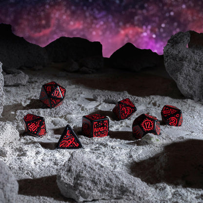 Q-Workshop Space Dice Set Voyager RPG Dice – Shimmering Black with Red Engravings – Ideal for Tabletop Games & RPGs – 7 Polyhedral Dice – (D4, D6, D8, 2D10, D12, D20) 4