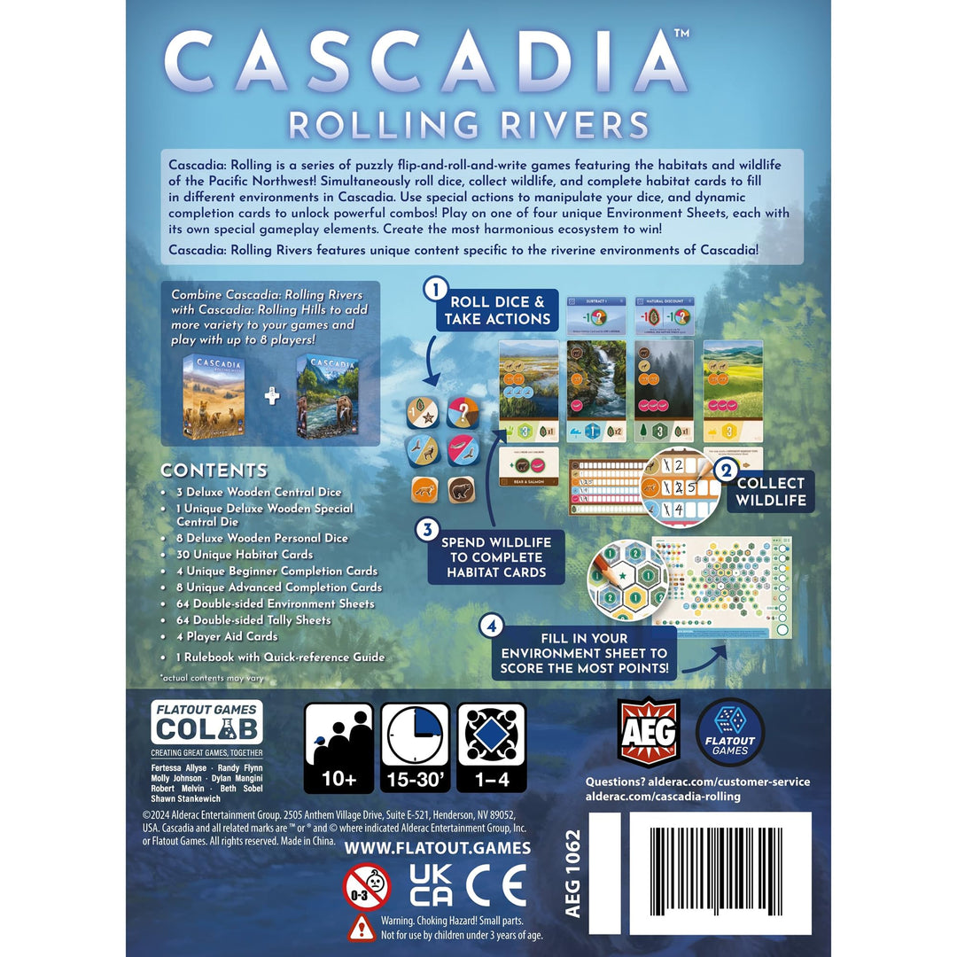 AEG & FlatOut Games | Cascadia:Rolling Rivers Roll & Write Puzzly Dice Game | Explore The Pacific Northwest, Build Ecosystems | Ages 10+ | 1-4 Players