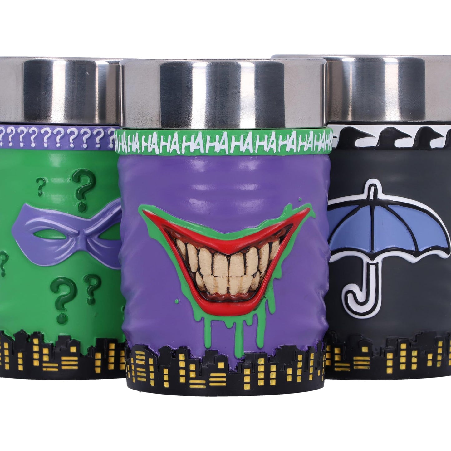 DC Batman Villain Mini Cup Set Featuring The Joker Riddler and Penguin Super-Villain Collectible 4