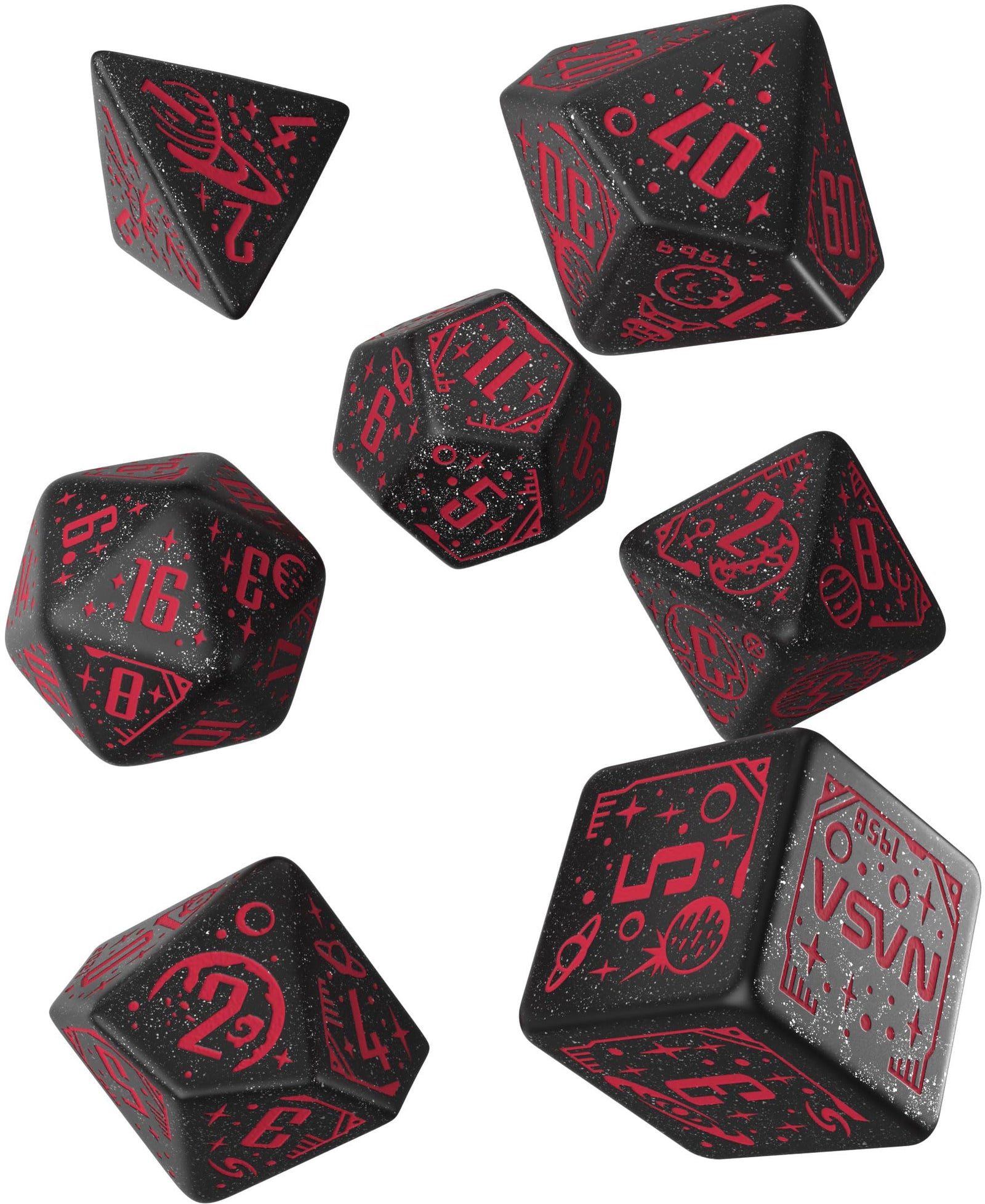 Q-Workshop Space Dice Set Voyager RPG Dice – Shimmering Black with Red Engravings – Ideal for Tabletop Games & RPGs – 7 Polyhedral Dice – (D4, D6, D8, 2D10, D12, D20) 2