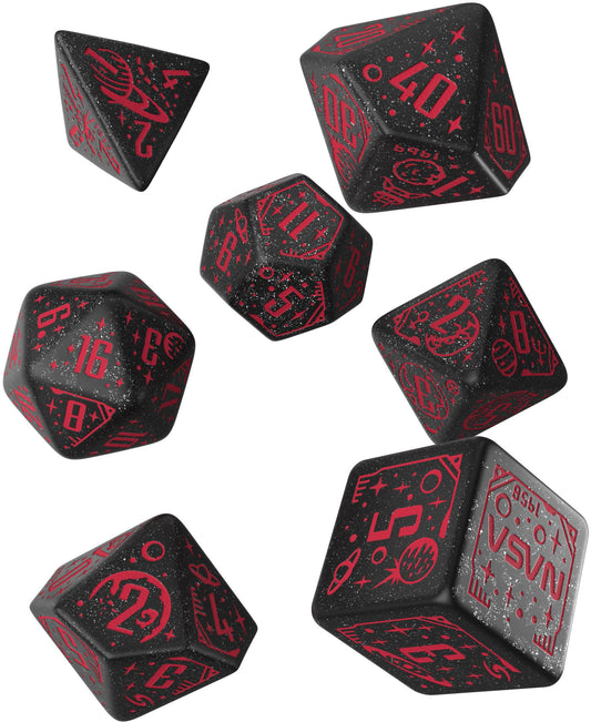 Q-Workshop Space Dice Set Voyager RPG Dice – Shimmering Black with Red Engravings – Ideal for Tabletop Games & RPGs – 7 Polyhedral Dice – (D4, D6, D8, 2D10, D12, D20) 2