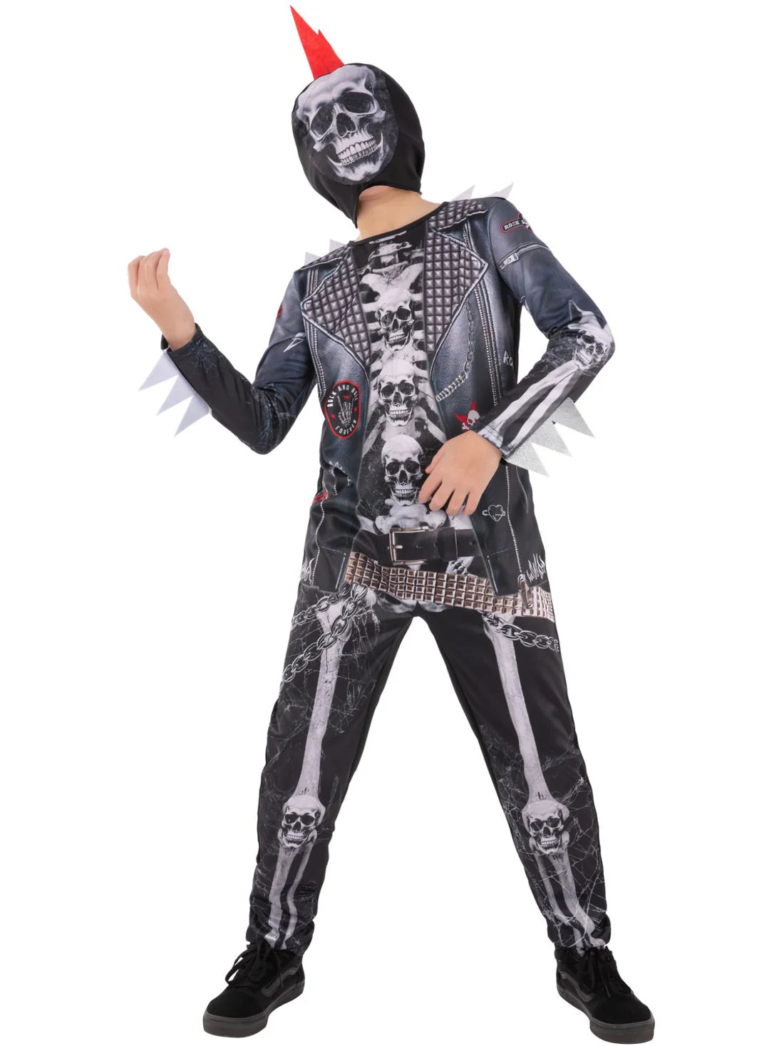 Boys Punk Skeleton Costume All in One Jumpsuit with Hooded Mask 2