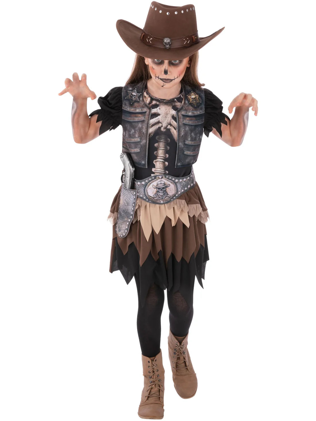 Skeleton Cowgirl Costume Dress with Holster Belt Kids 2