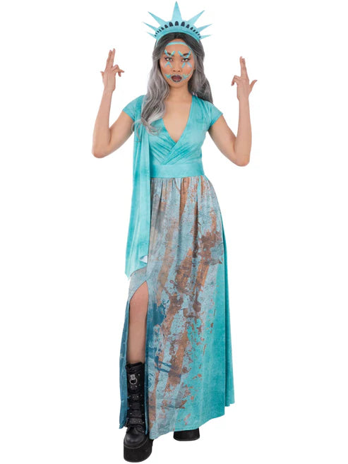 Liberty Death Costume Statue Ladies Blue Dress and Headpiece 5