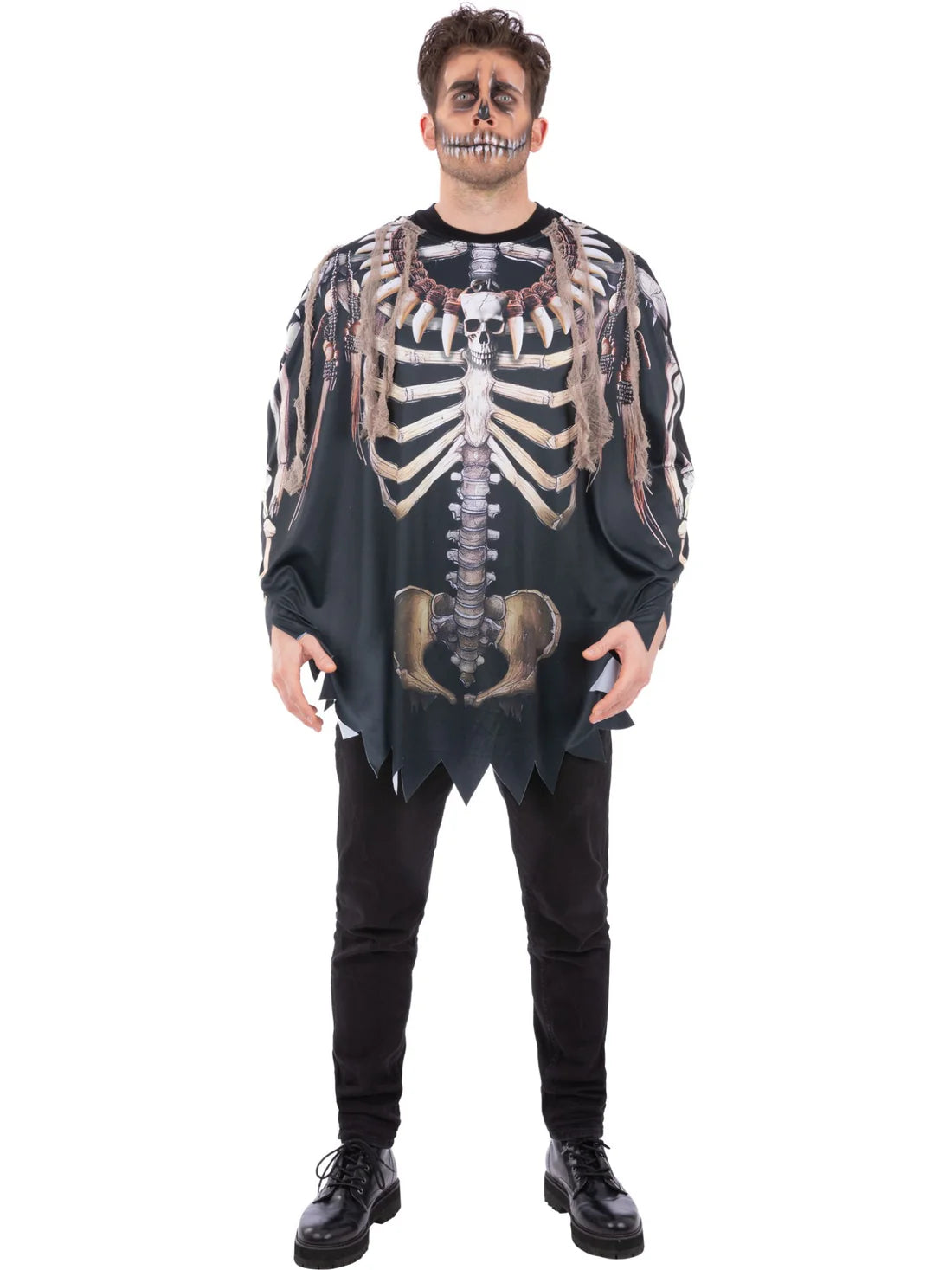 Voodoo Witch Doctor Poncho Adult One Size Skeleton Print 2