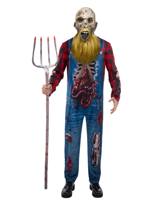 Hillbilly Zombie Costume Dungarees and Flannel Shirt Bearded Mask 2