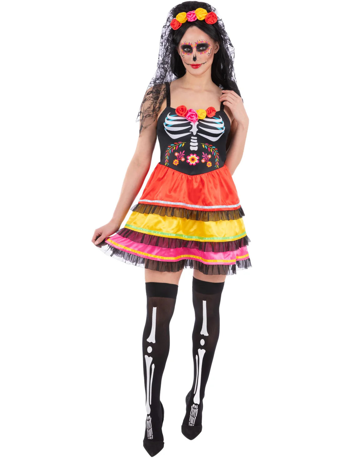 Day of the Dead Fiesta Costume Dress and Rose Headband with attached Veil 2