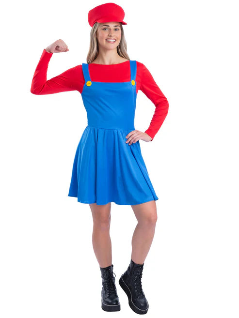 Red Plumber Costume Super Mario Ladies Outfit