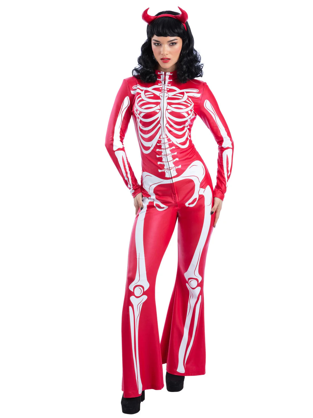 Fever Devil Skeleton Costume Red Printed Flared Jumpsuit 2