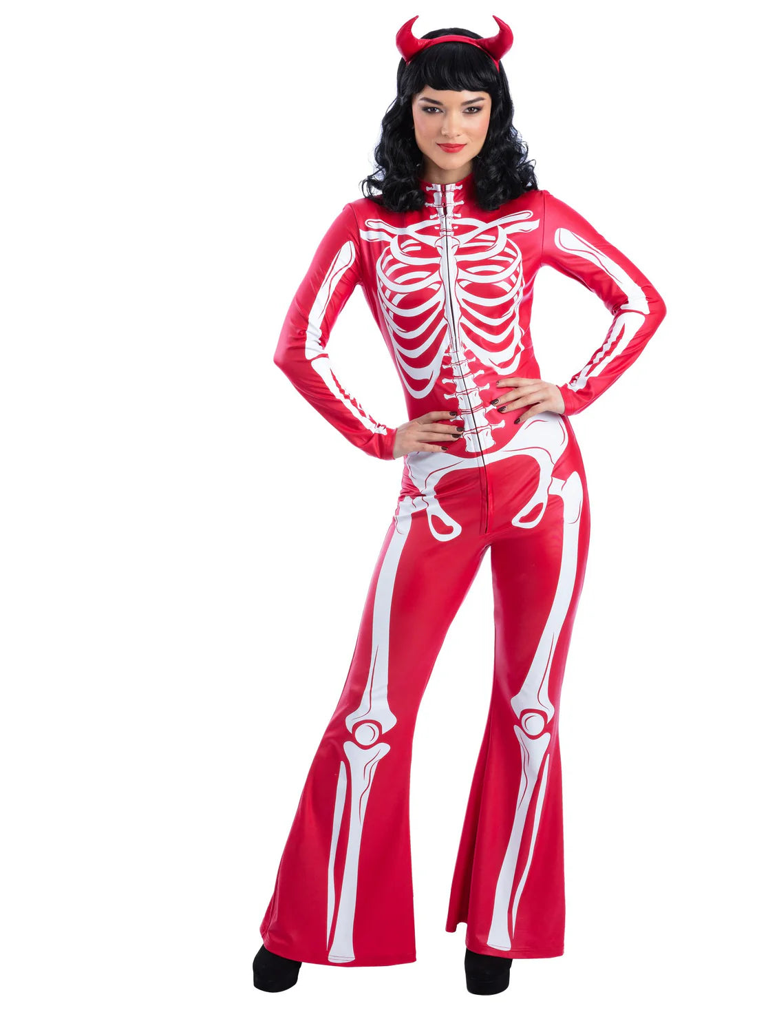 Fever Devil Skeleton Costume Red Printed Flared Jumpsuit 1