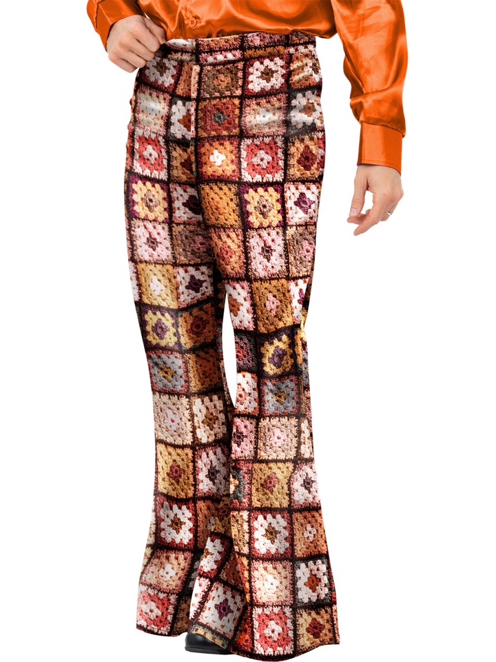 Mens 60s Vintage Crochet Print Flared Trousers