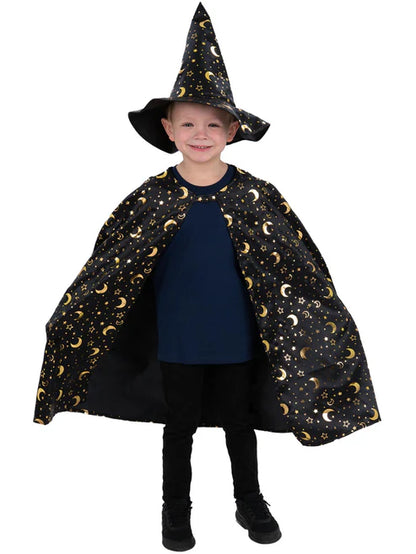 Wizard Kit Unisex Cape Hat for Kids Moon and Stars Gold Pattern 5