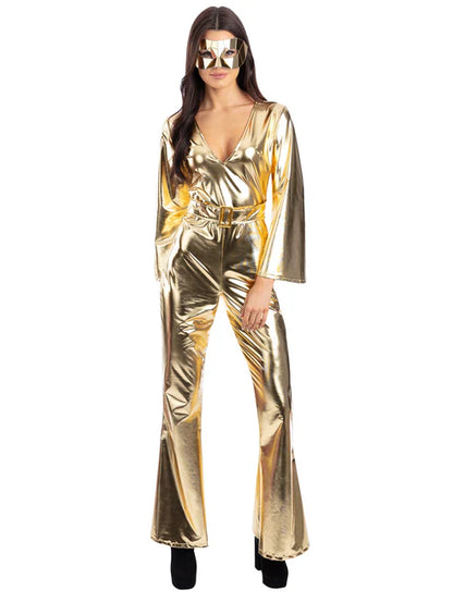 24 Carat Gold Diva Costume Metallic Gold Jumpsuit with Flared Trousers