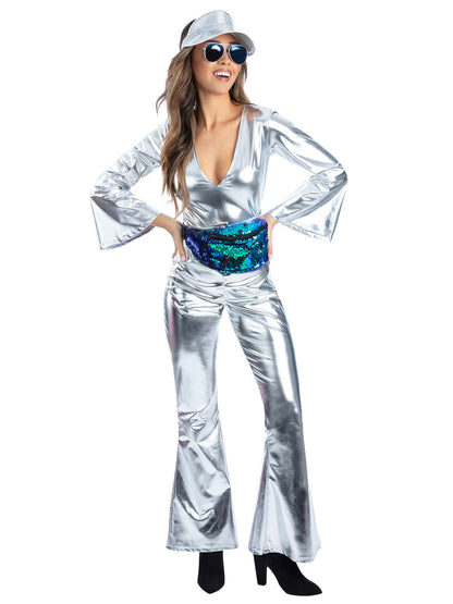 Sterling Silver Diva Costume Metallic Flared Jumpsuit and Belt Women