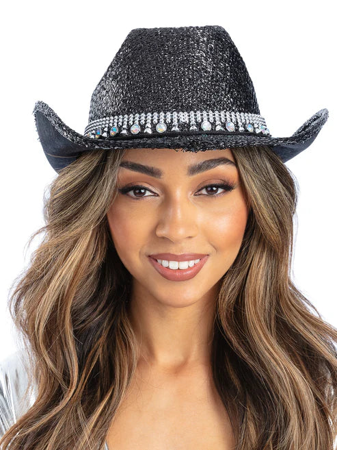 Black Bling Rhinestone Cowboy Hat with Cord and Toggle