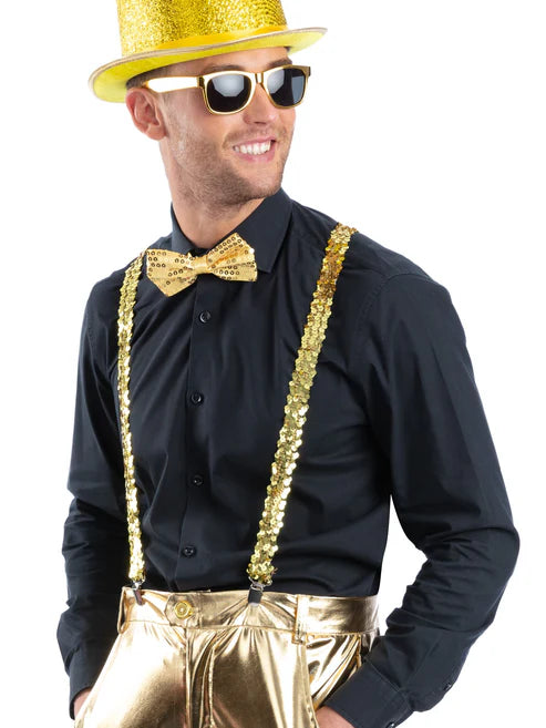 Metallic Gold Sequin Party Set Braces Bow Tie Specs
