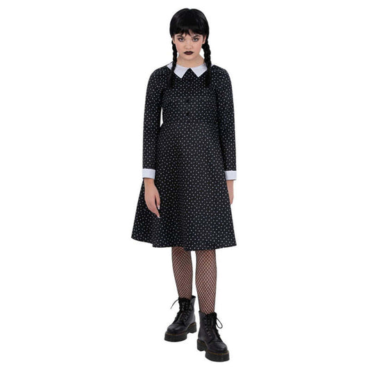 Kids Gothic School Girl Costume Spotted Black Wednesday Dress 1