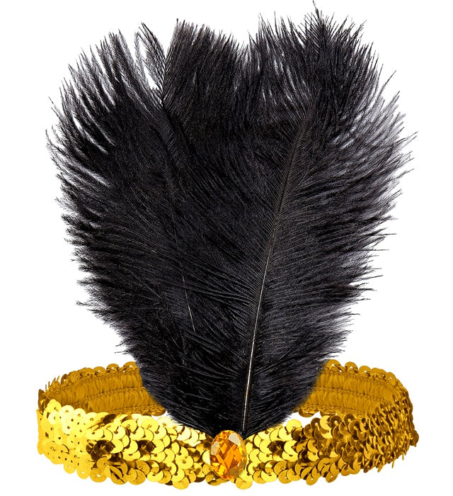 Headband The Roaring 20S Sequin With 2 Feathers & Gem Gold