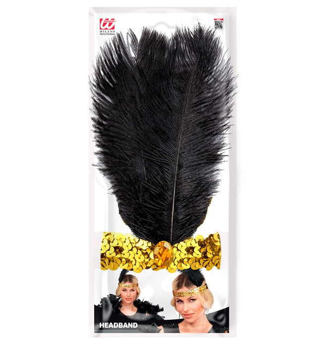 Headband The Roaring 20S Sequin With 2 Feathers & Gem Gold