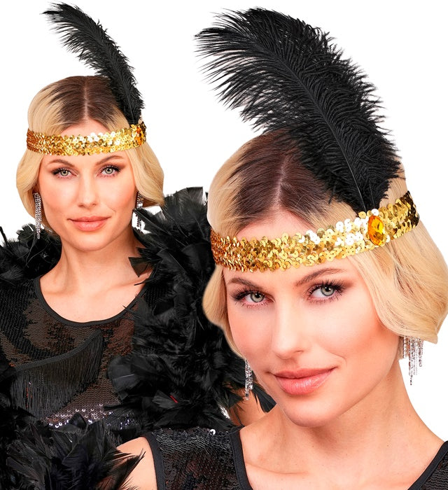 Headband The Roaring 20S Sequin With 2 Feathers & Gem Gold