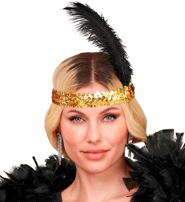 Headband The Roaring 20S Sequin With 2 Feathers & Gem Gold