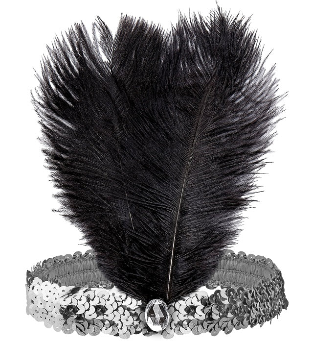 Headband The Roaring 20S Sequin With 2 Feathers & Gem Silver