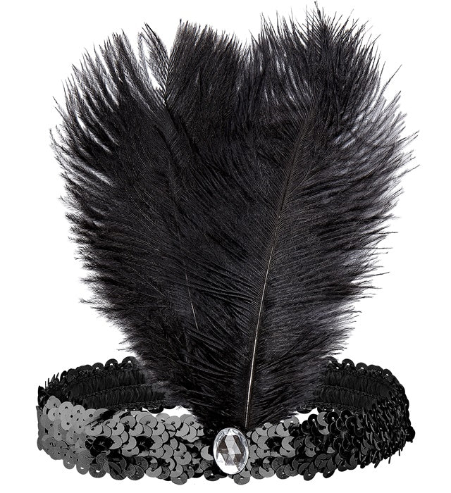 Headband The Roaring 20S Sequin With 2 Feathers & Gem Black