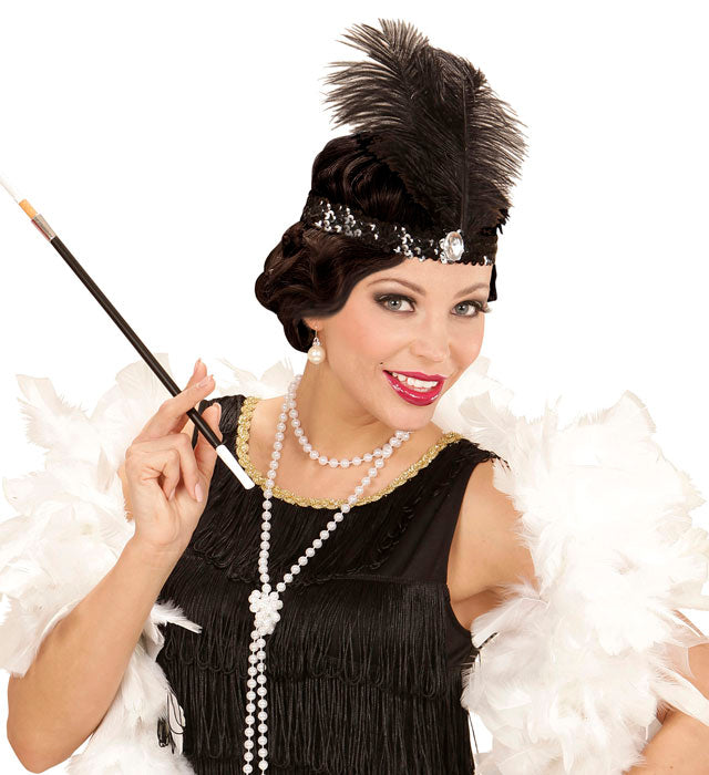 Headband The Roaring 20S Sequin With 2 Feathers & Gem Black