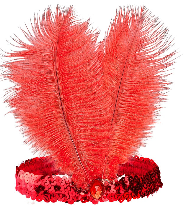 Headband The Roaring 20S Sequin With 2 Feathers & Gem Red