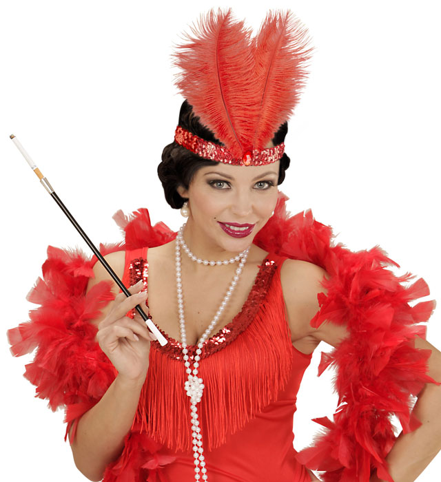 Headband The Roaring 20S Sequin With 2 Feathers & Gem Red