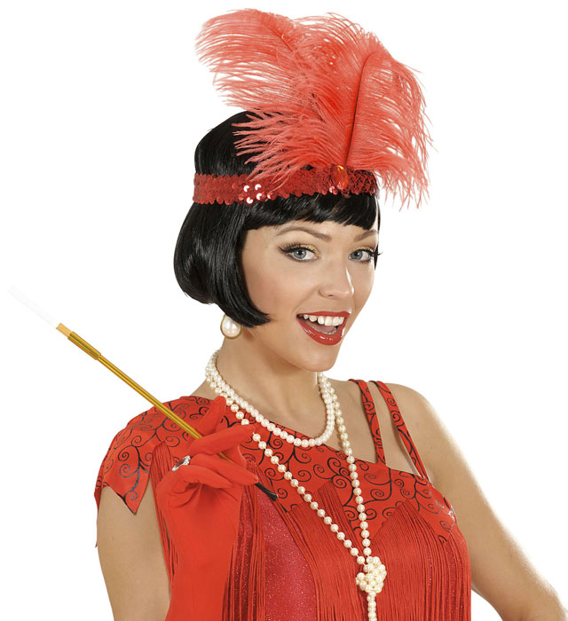 Headband The Roaring 20S Sequin With 2 Feathers & Gem Red