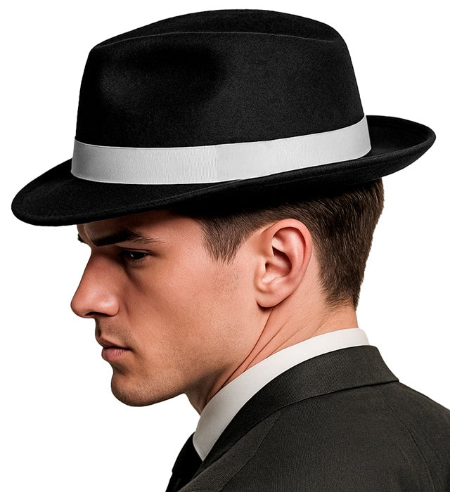Black Gangster Hats With White Band Felt