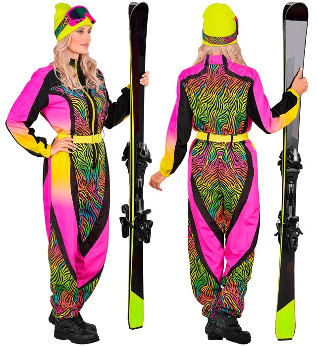 “Neon Multicolor Animalier Zebra Ski Suit  Overalls, Belt 