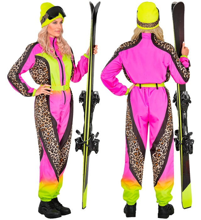 “Neon Pink-Yellow Animalier Leopard Ski Suit  Overalls, Belt 