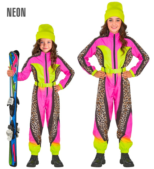 “Neon Pink-Yellow Animalier Leopard Ski Suit  Overalls, Belt 