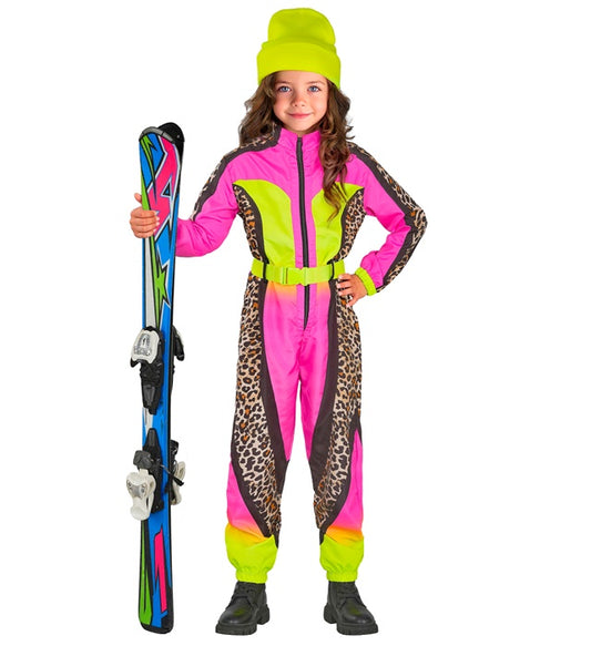 “Neon Pink-Yellow Animalier Leopard Ski Suit  Overalls, Belt 