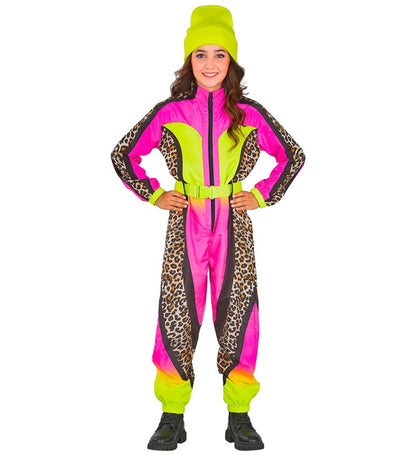 “Neon Pink-Yellow Animalier Leopard Ski Suit  Overalls, Belt 