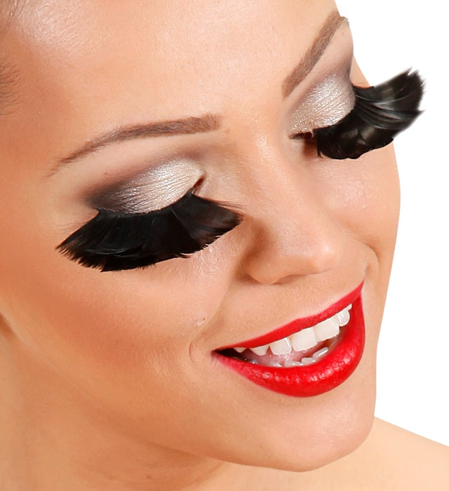 Black Feather Eyelashes In Box With Glass Bottle Glue