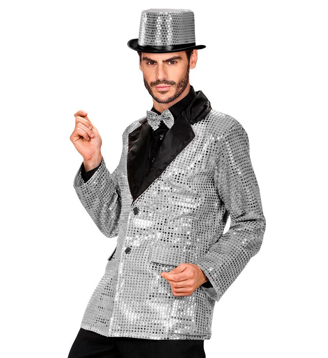 Silver Sequin Jacket With Satin Collar