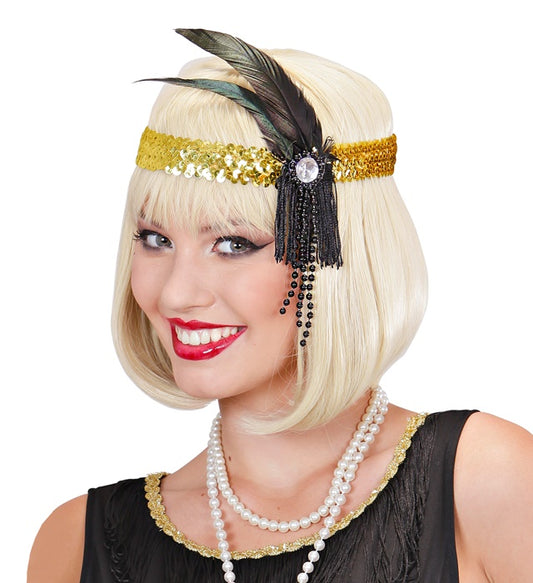 Gold Sequin Headband With Feather& Pearls