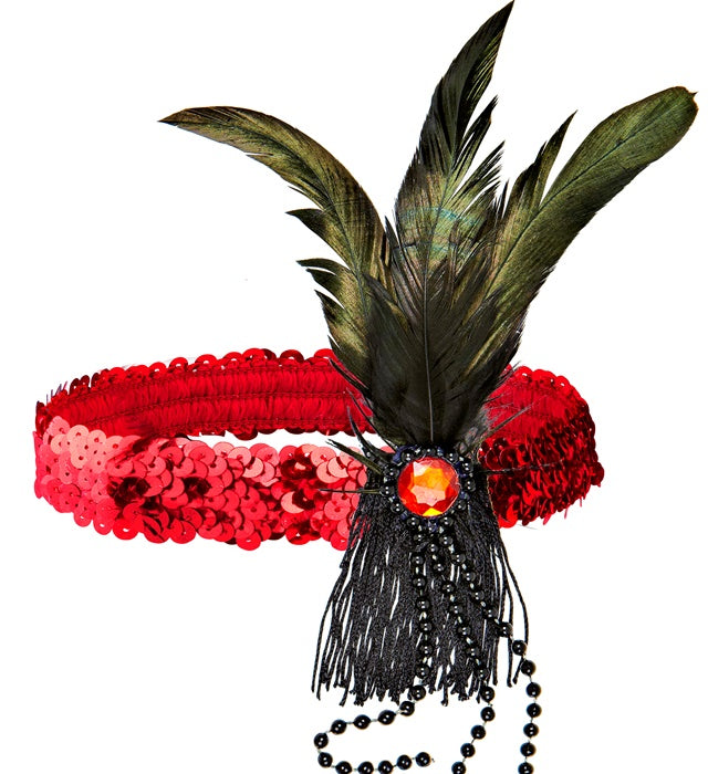 Red Sequin Headband With Feather & Pearls