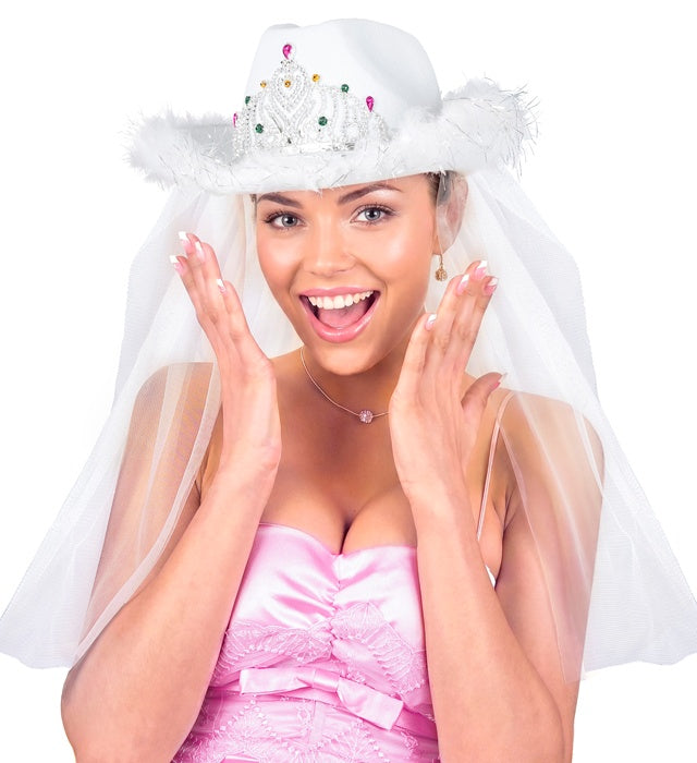 Hat Bachelorette Party Bride With Tiara, Marabou & Veil